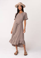 Linen Blend Button Front Ruffled Shirt Dress