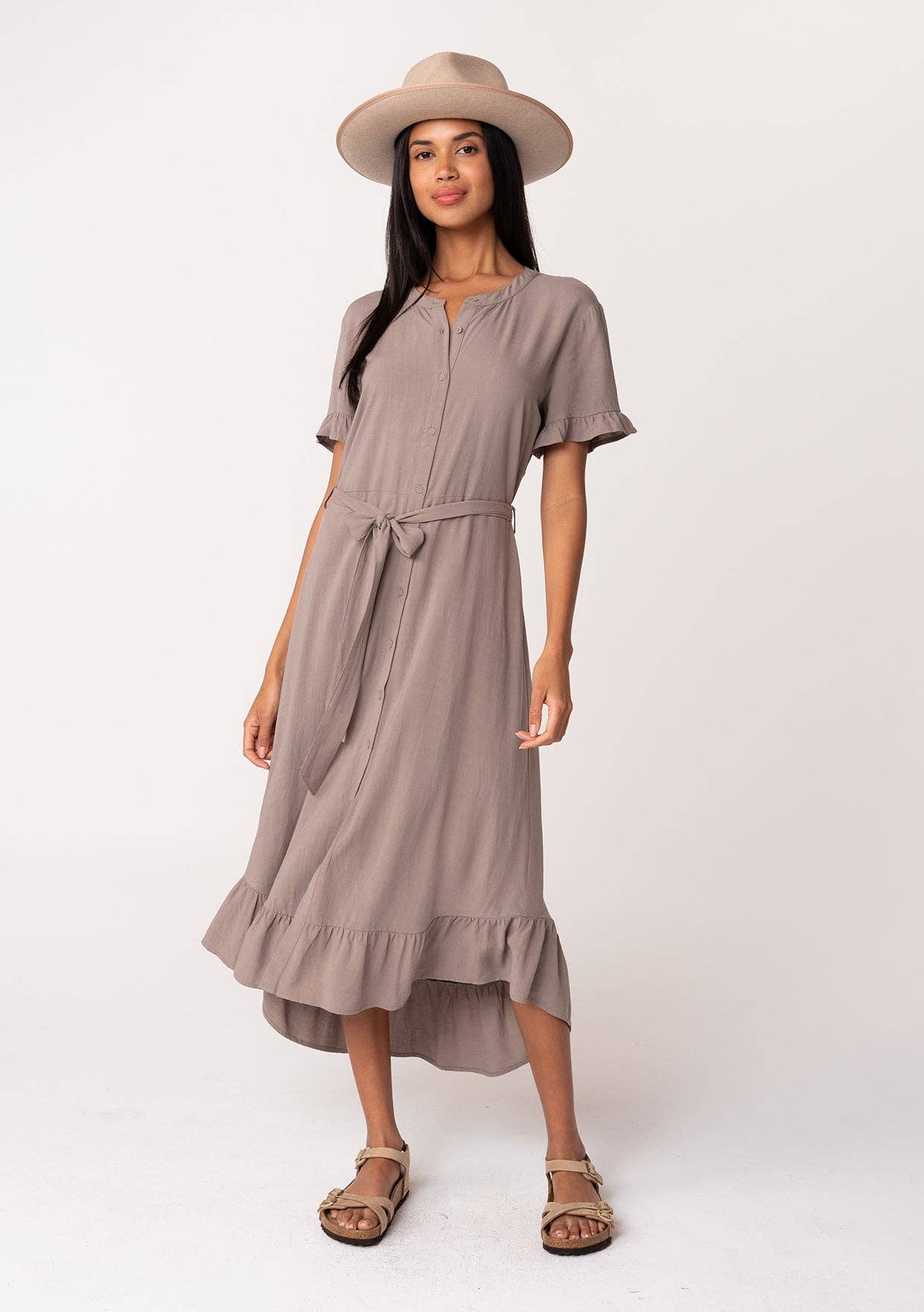 Linen Blend Button Front Ruffled Shirt Dress