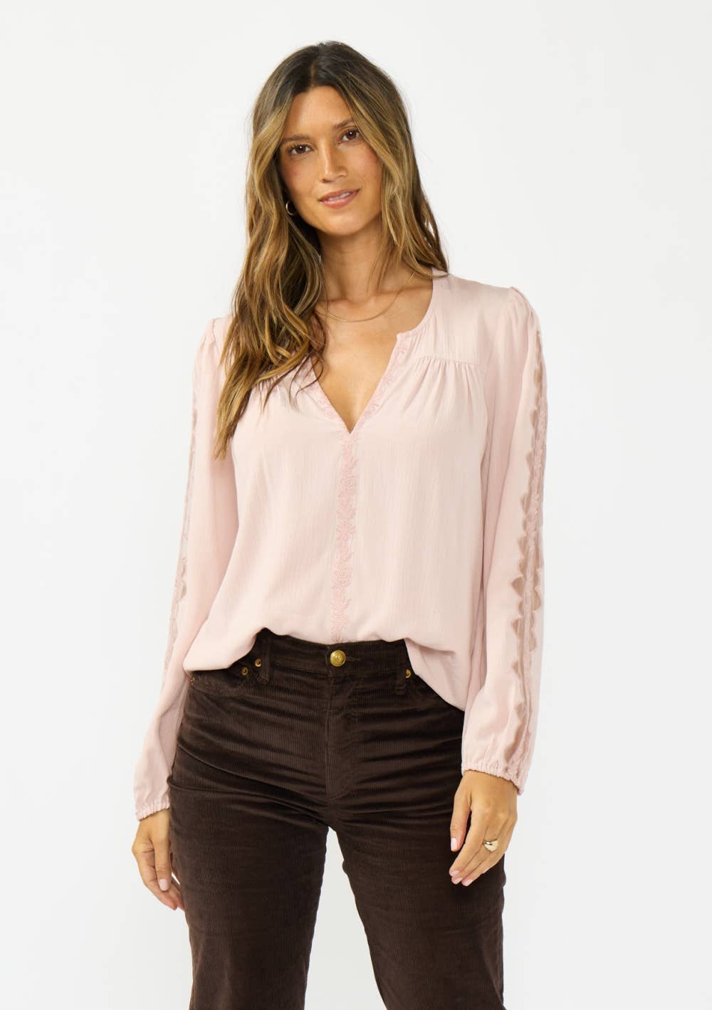 Long Sleeve Split Neck Blouse with Floral Embroidery