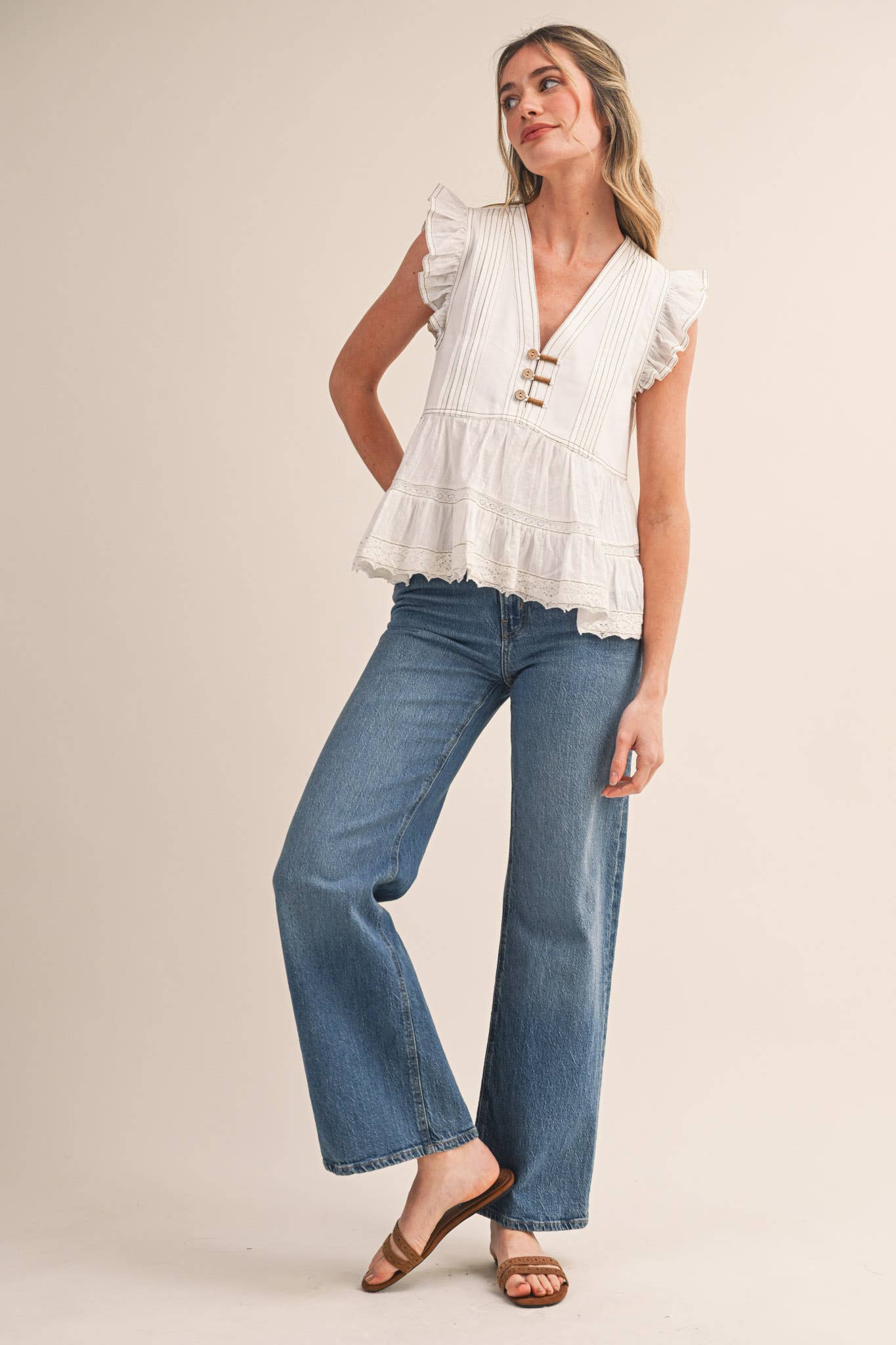 MIXED MEDIA CONTRAST STITCH LACE TRIM TOP