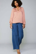 Ruffled Blouse W/ Top Stitched Placket