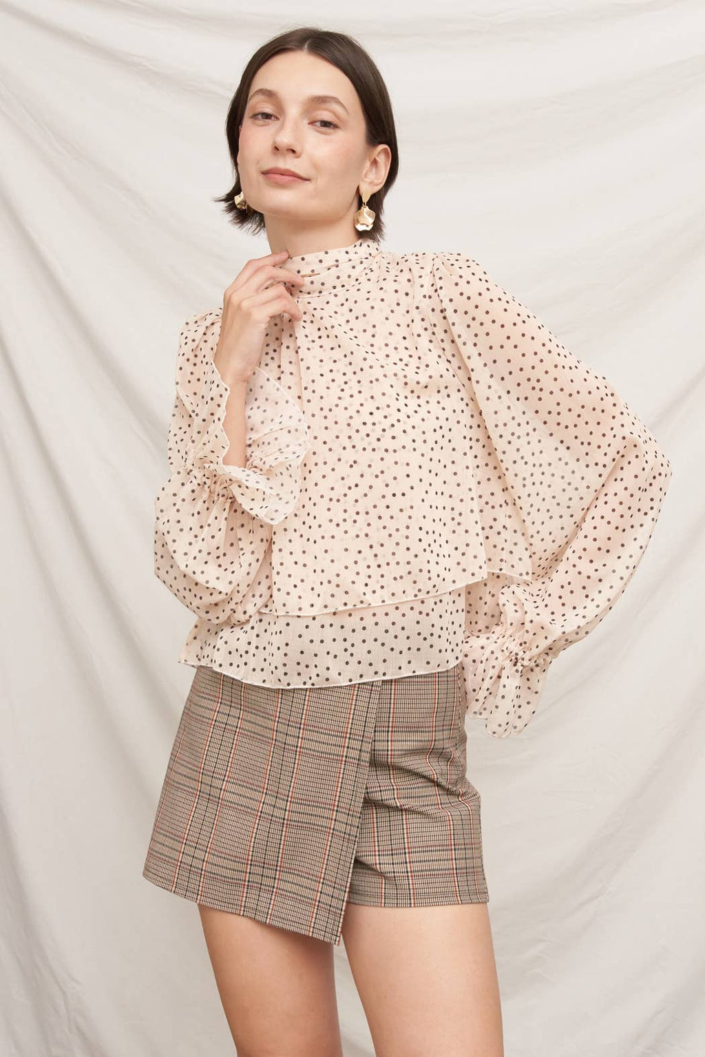 Polka Dot Ribbon Back Ruffle Blouse