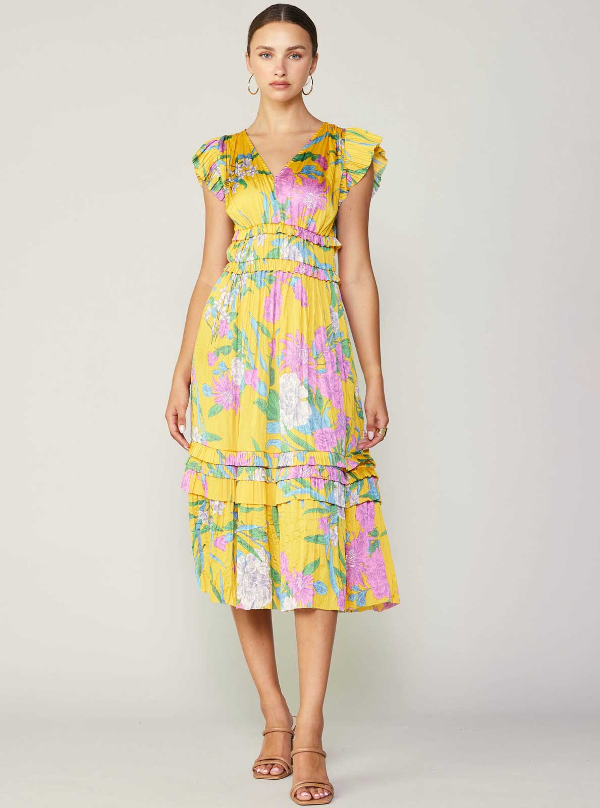 Multi Floral Print Pleated Midi Dress