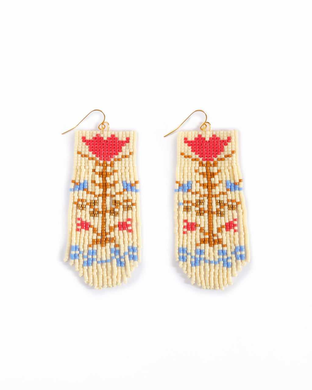 Beaded Handwoven Vintage Flower Fringe Earrings (Cream/Red)