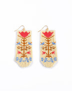 Beaded Handwoven Vintage Flower Fringe Earrings (Cream/Red)