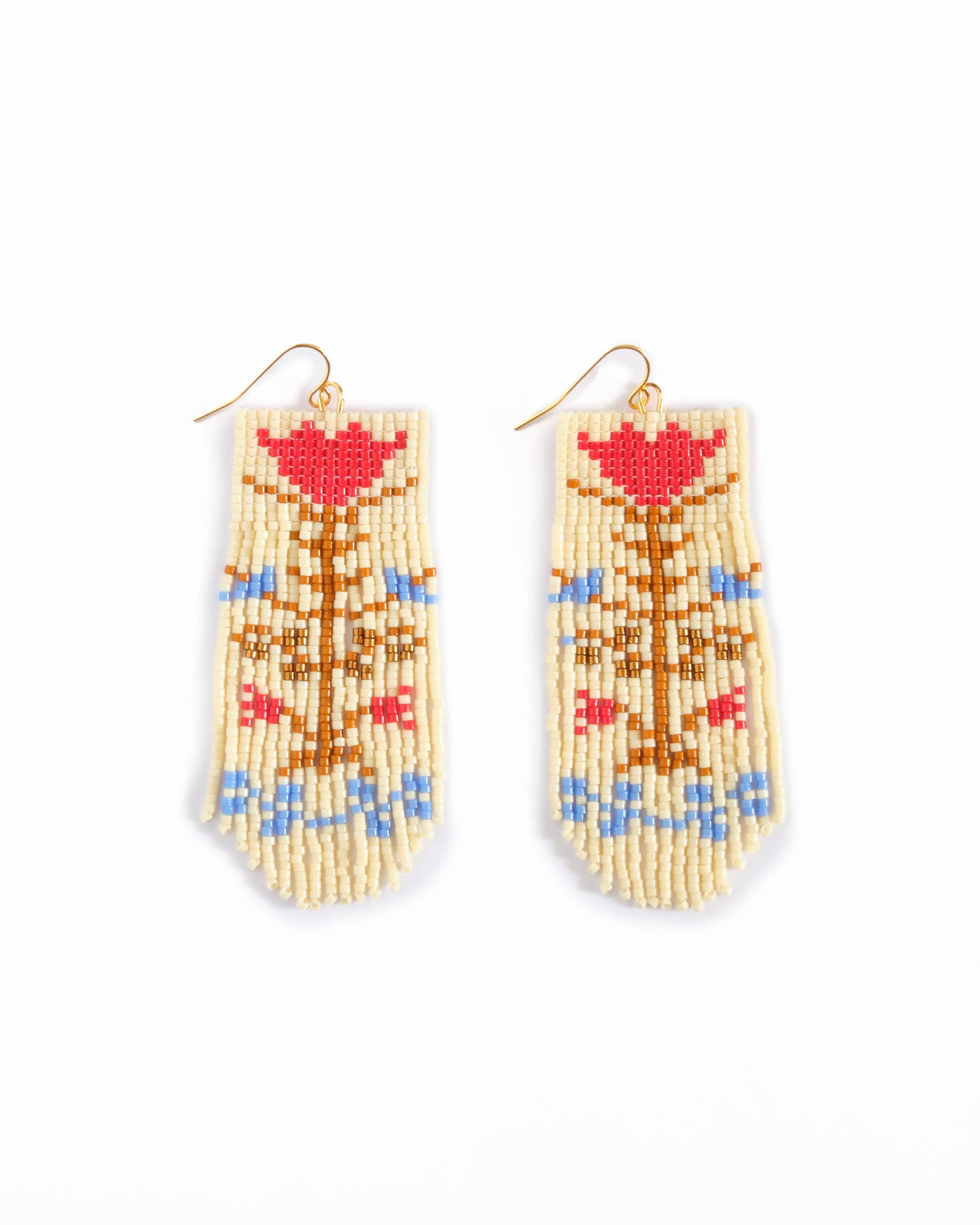Beaded Handwoven Vintage Flower Fringe Earrings (Cream/Red)
