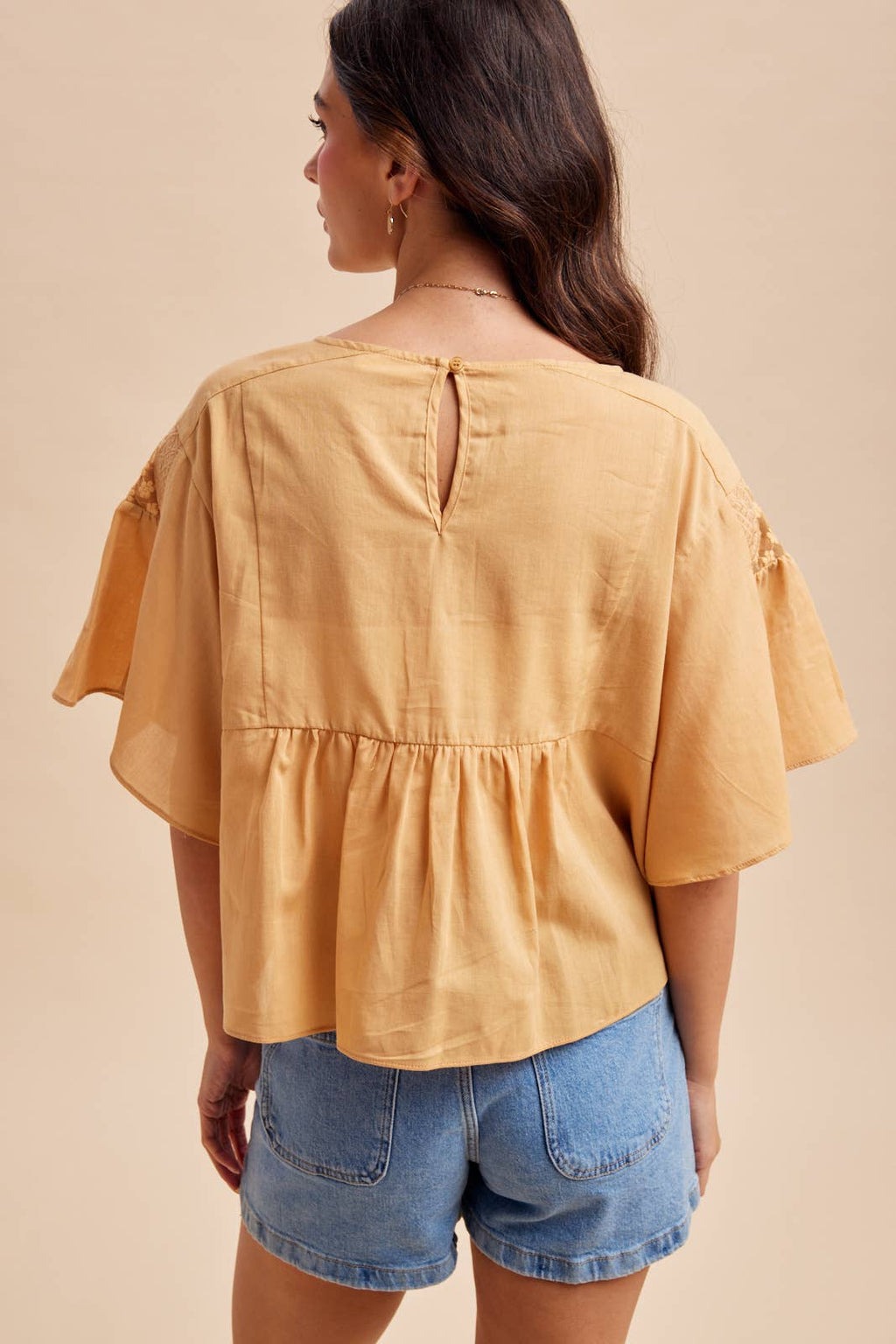 COTTON EMBROIDERED FLUTTER SLEEVE TOP