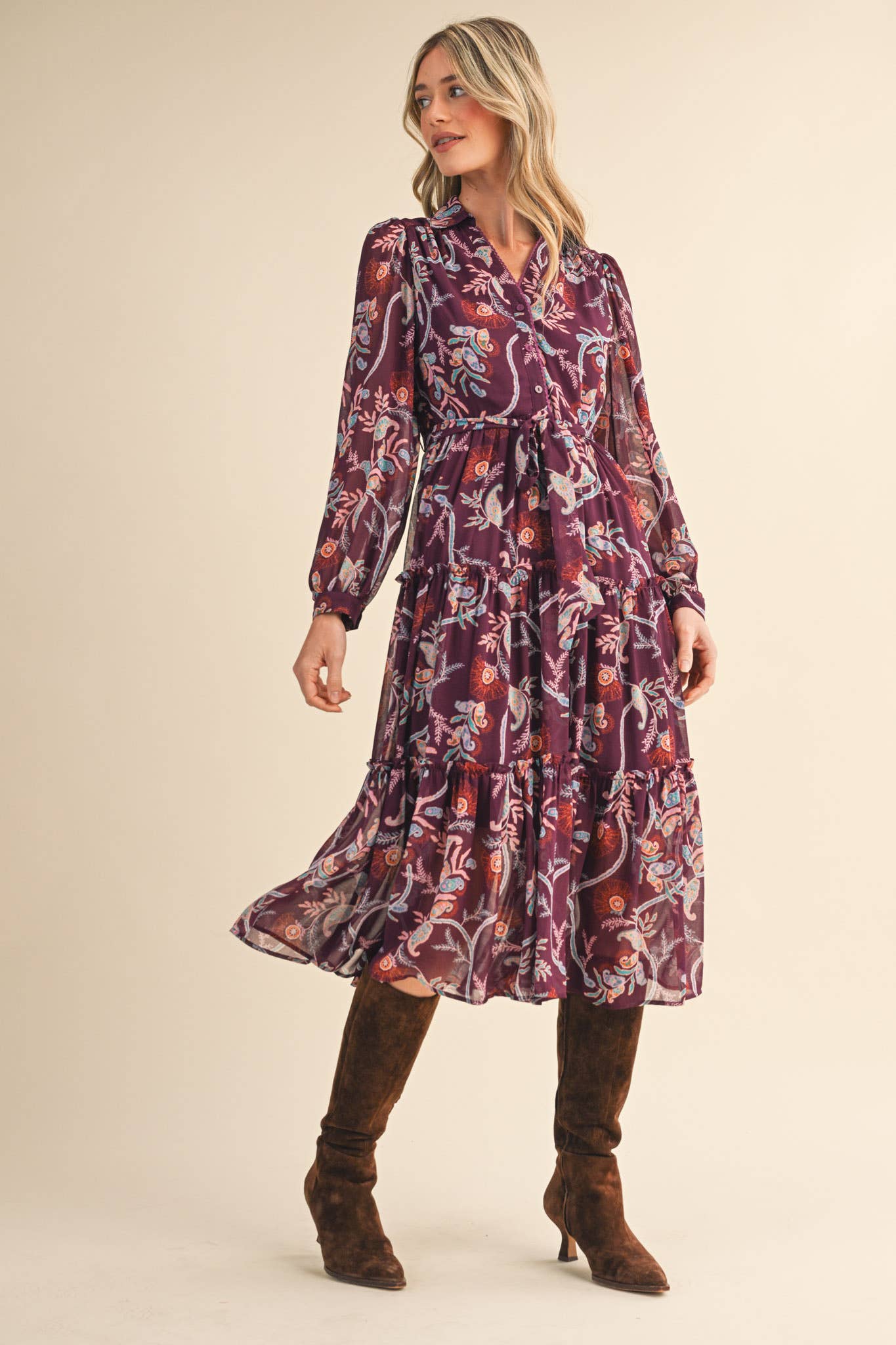 Paisley Print Ruffle Tiered Midi Dress