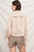 Polka Dot Ribbon Back Ruffle Blouse
