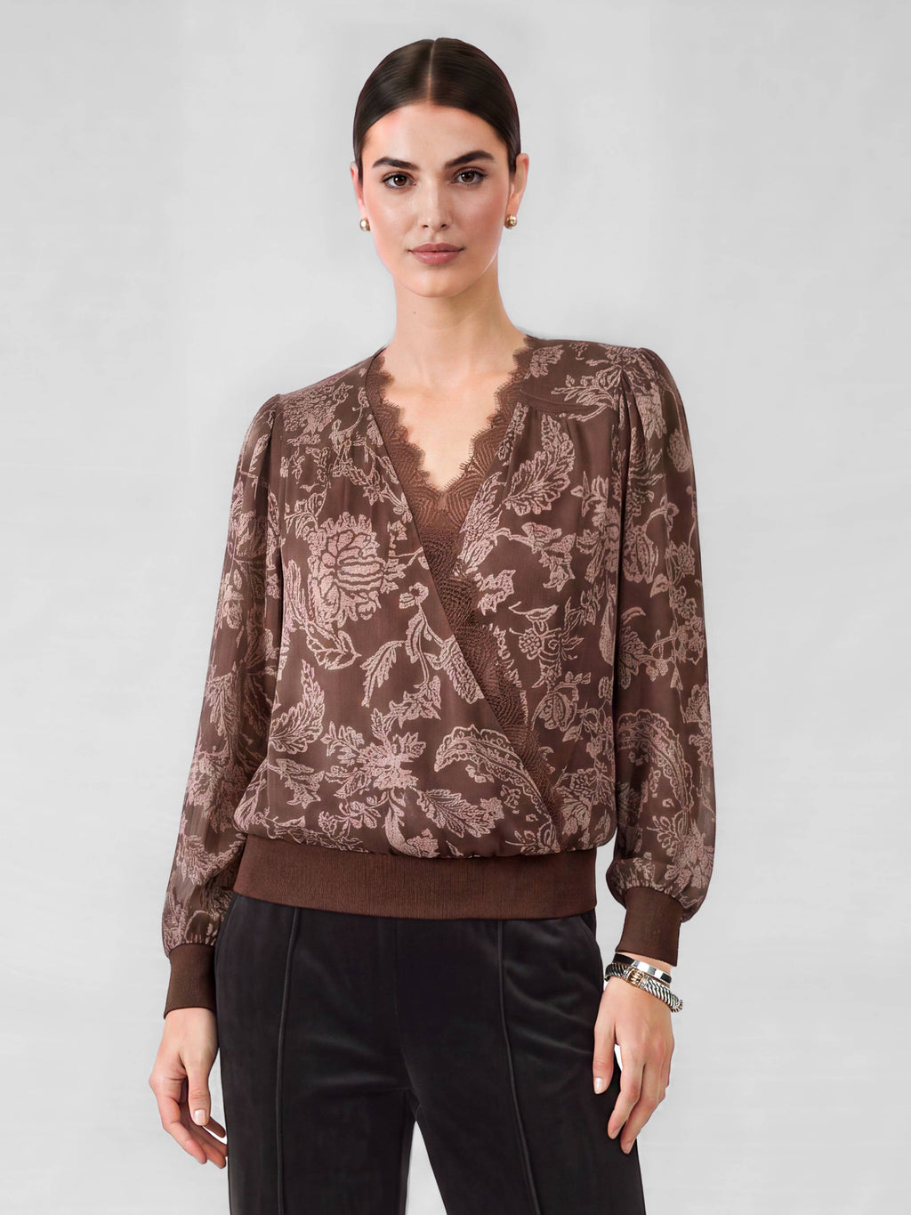 Floral Printed Lace Surplice Top