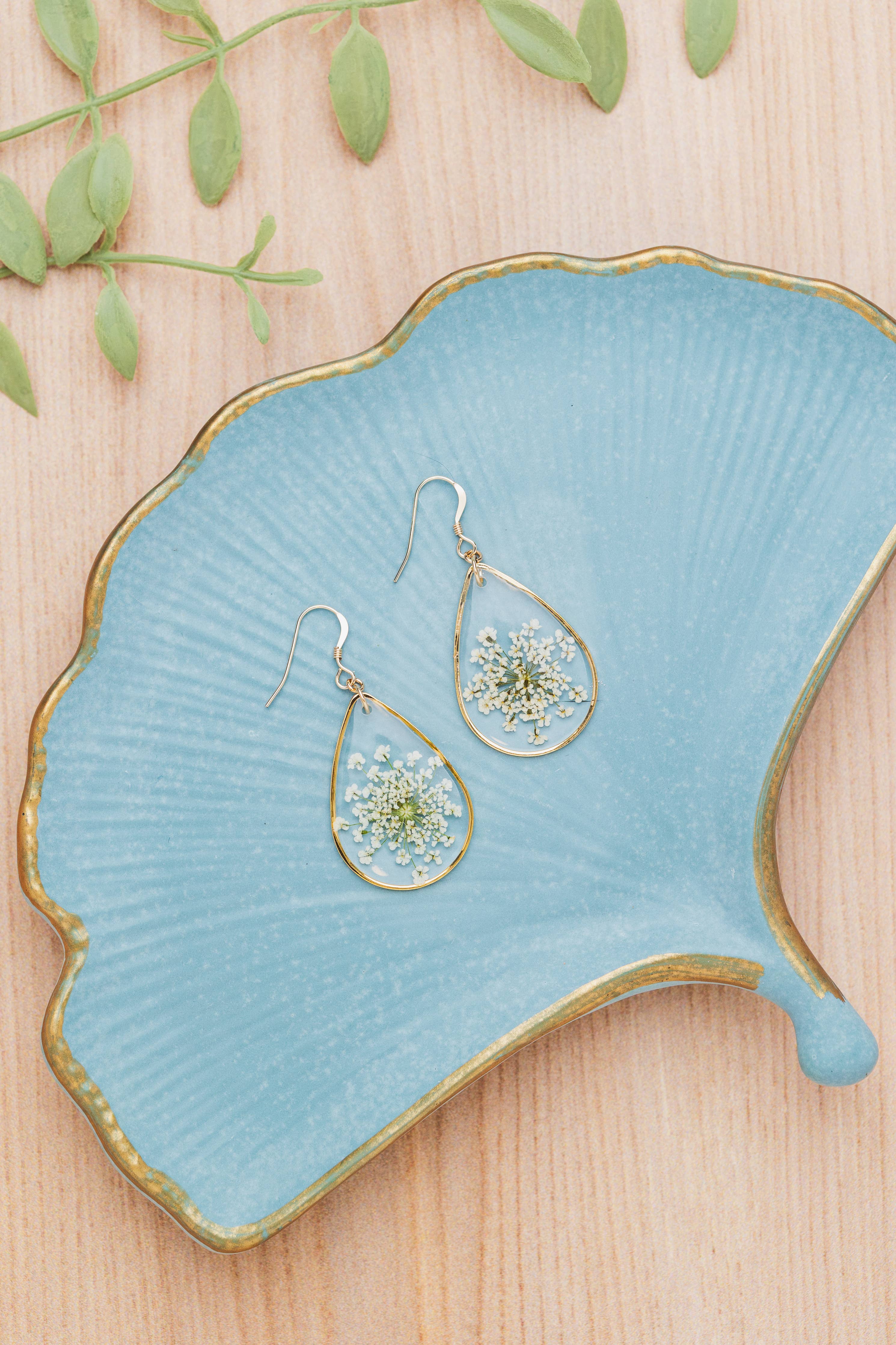 Pressed Queen Anne's Lace Earrings, Wildflower, 14k gf