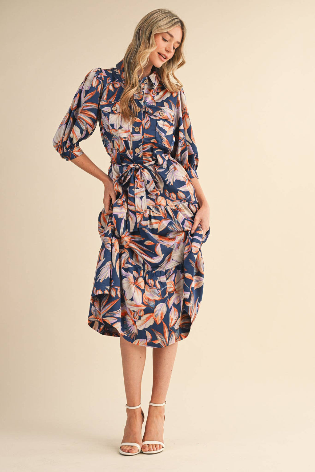 Button Down Tiered Midi Dress