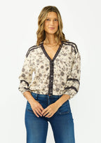 Lace-Trim 3/4 Sleeve Button-Front Top