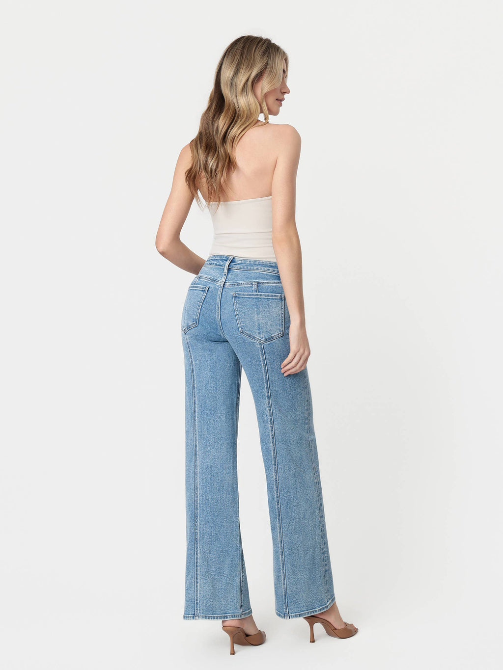 High Rise Medium Wash Seamed Panel Wide Leg Jeans