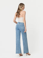 High Rise Medium Wash Seamed Panel Wide Leg Jeans