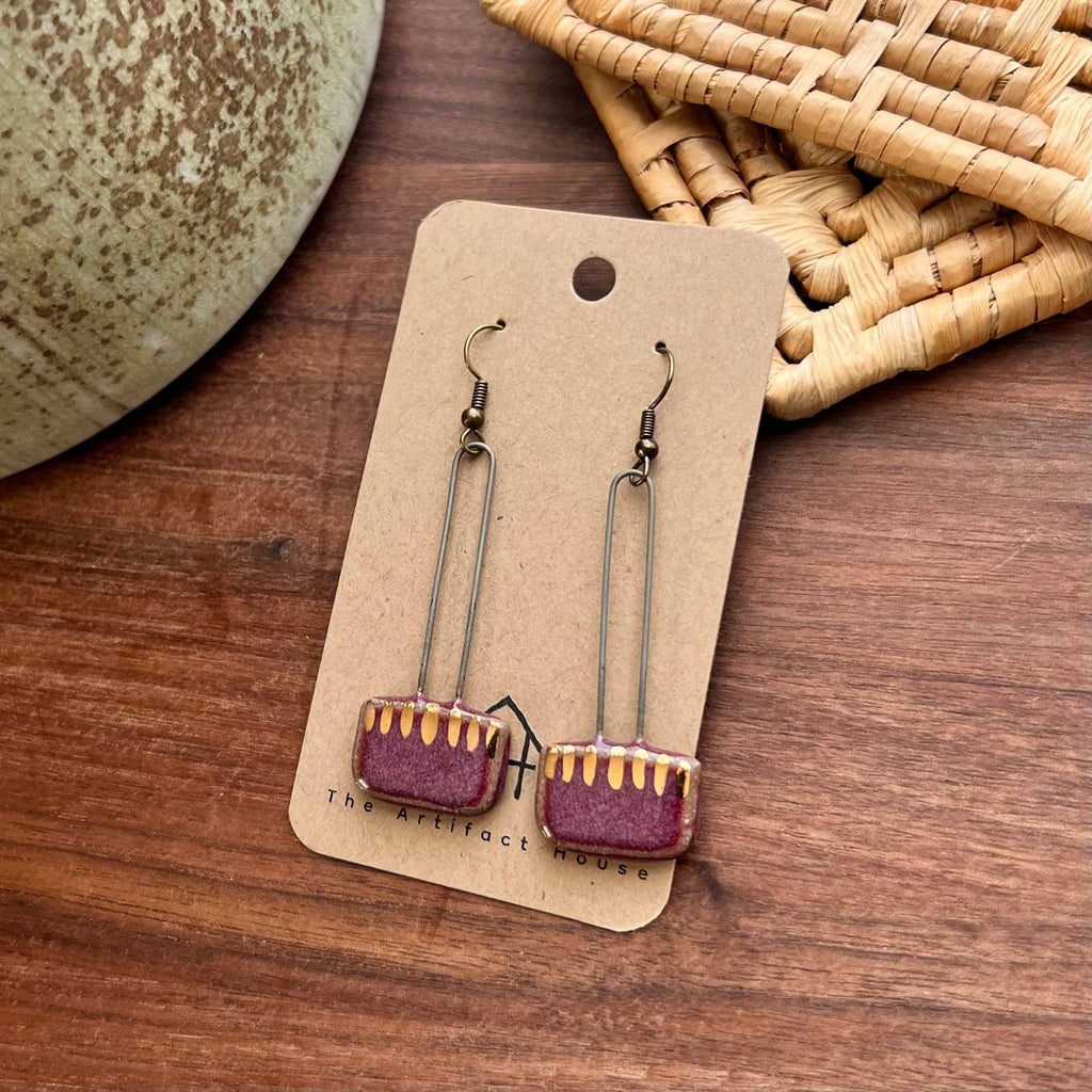 Maroon Gold Striped Clay Earrings