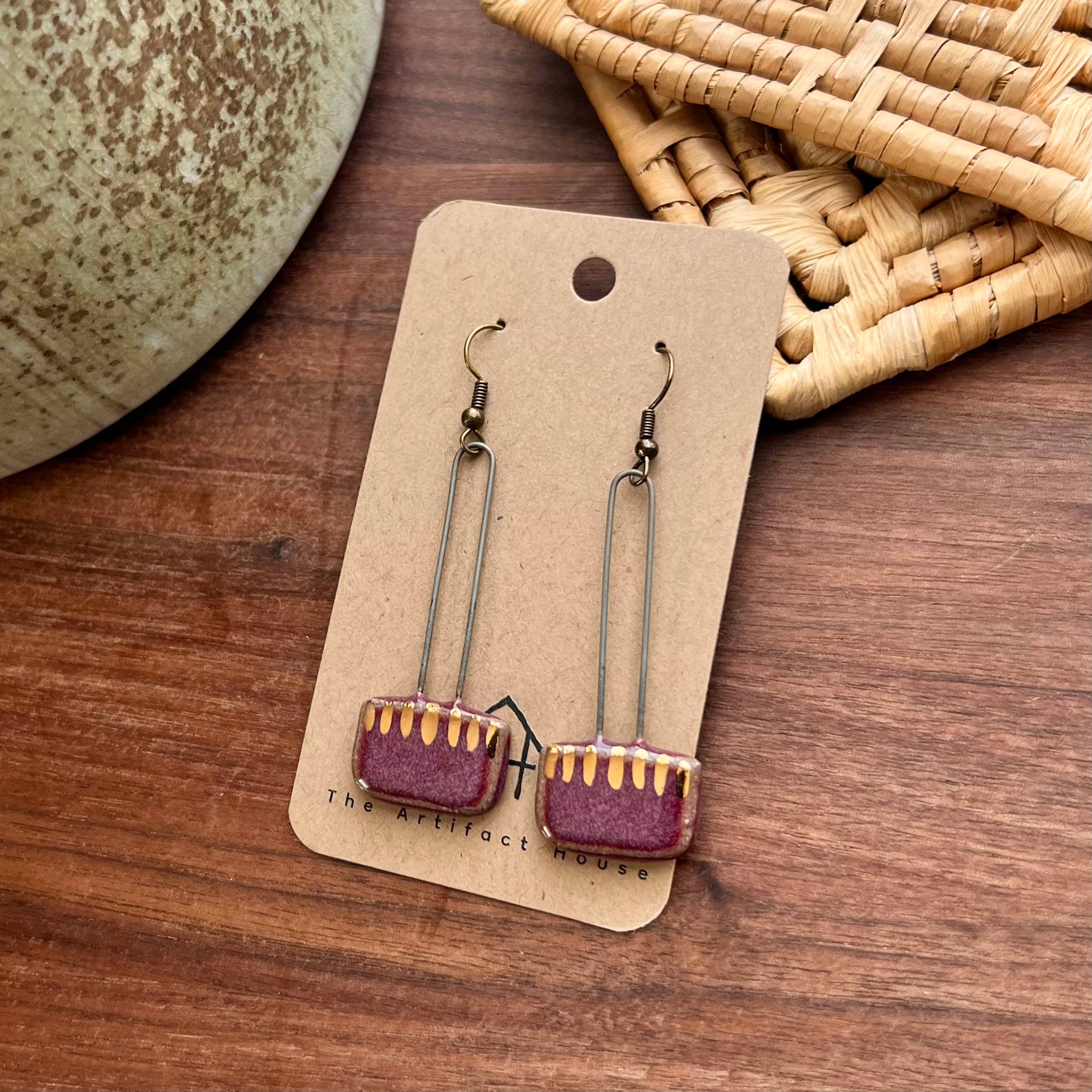 Maroon Gold Striped Clay Earrings