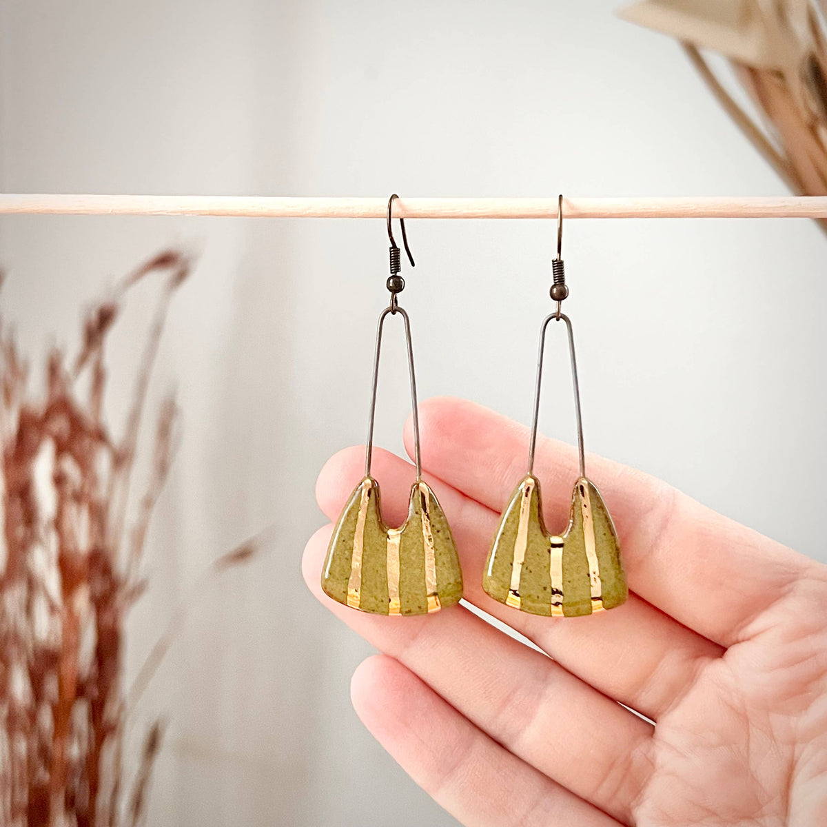 Speckled Olive Dropped and Gold Striped Clay Earrings