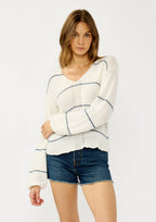 V Neck Fuzzy Stripe Sweater