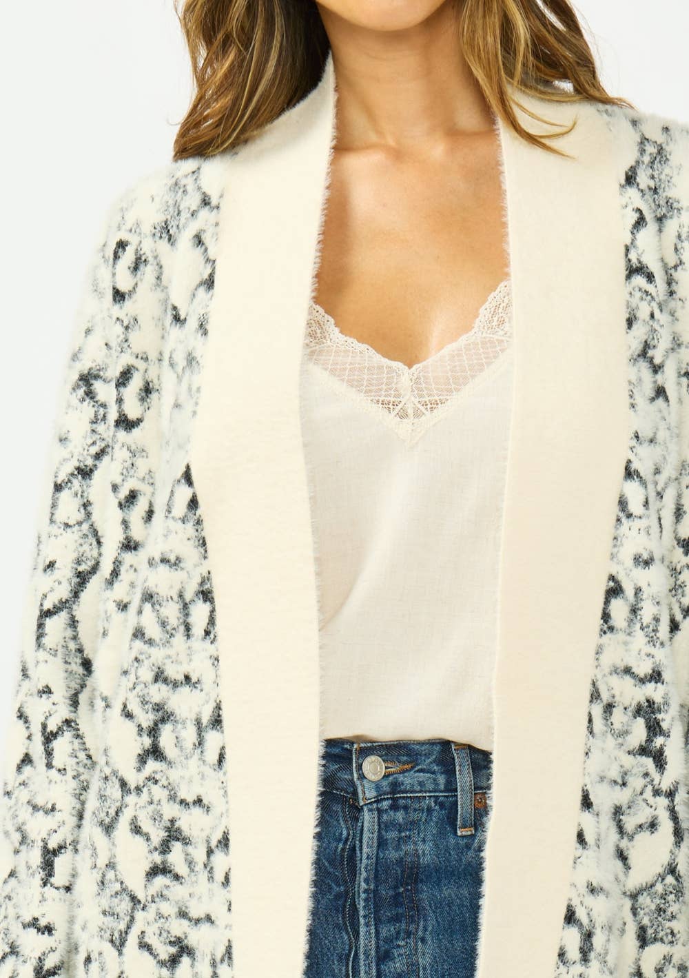 Fuzzy Open-Front Snake-Print Cardigan