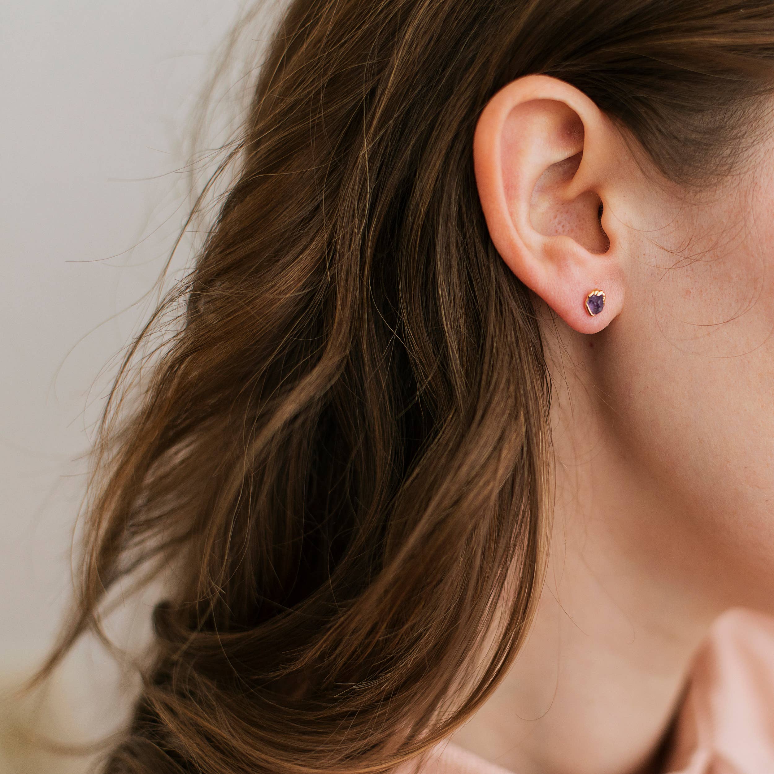 Tiny Raw Amethyst Stud Earrings | February Birthstone