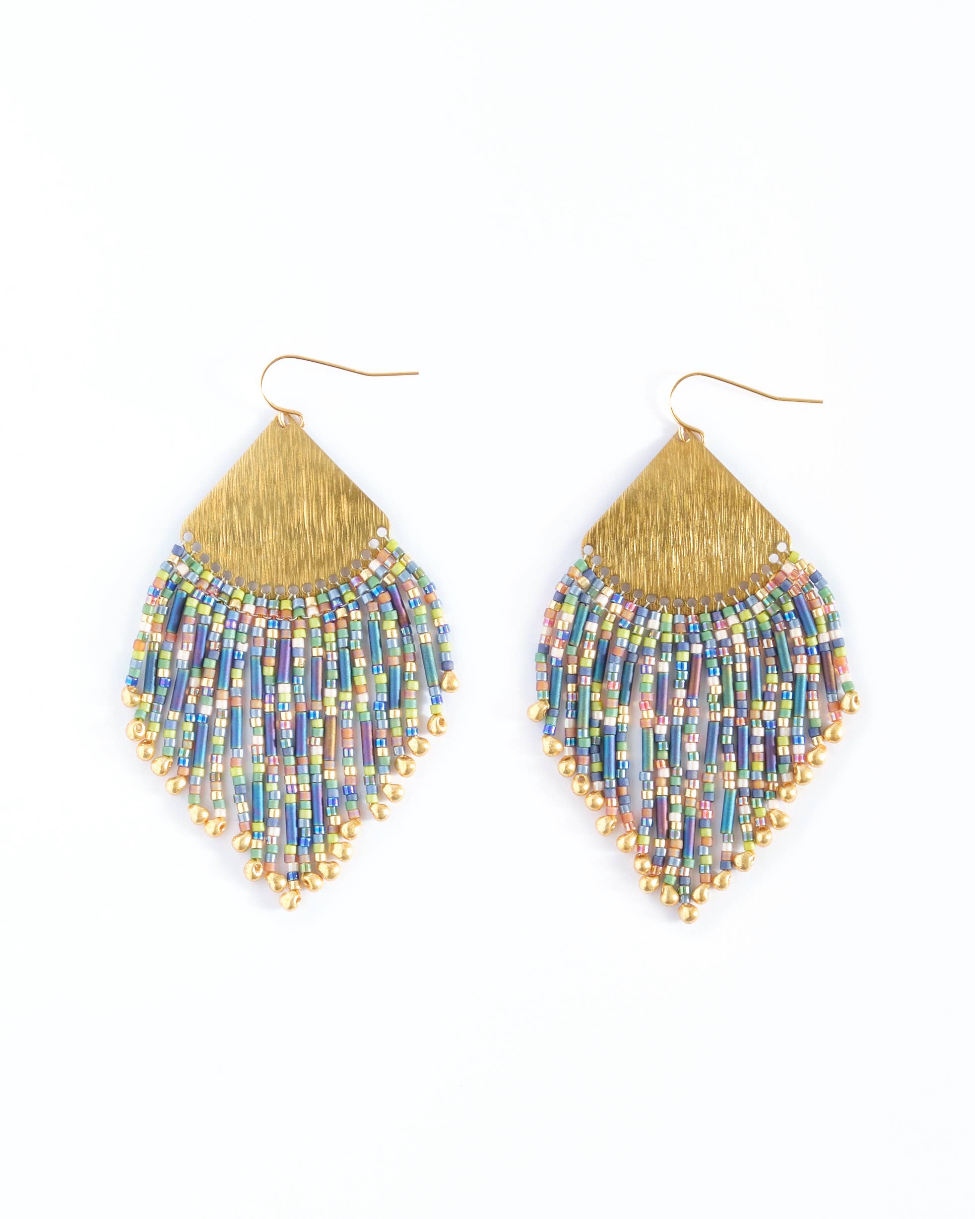 Beaded Handwoven Confetti Fringe Earrings (Blue/Green)