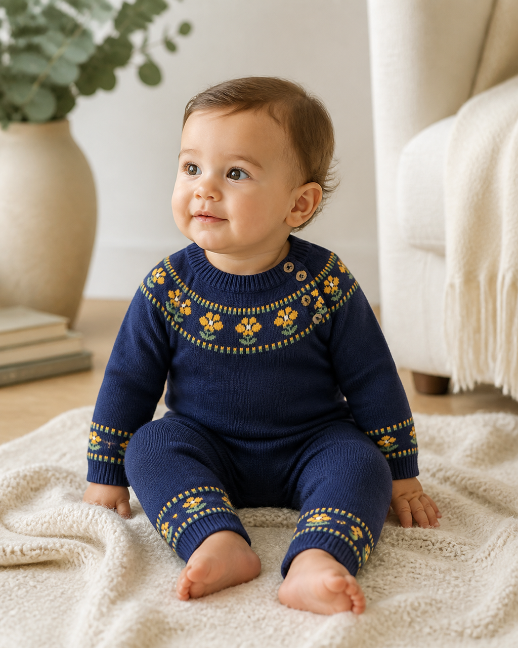 Floral Fair Isle Knit Baby Jumpsuit (Organic Cotton)