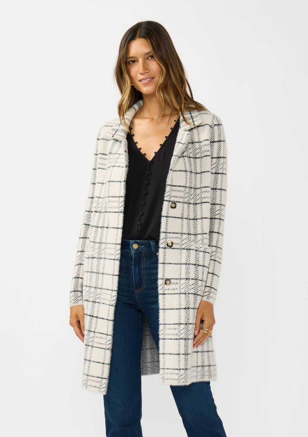 Plaid Notched Collar Button Front Cardigan