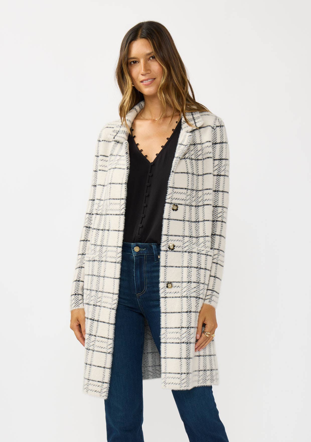 Plaid Notched Collar Button Front Cardigan
