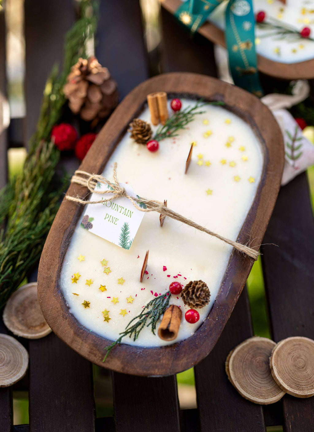 Christmas Wooden Dough Bowl Soy Candle
