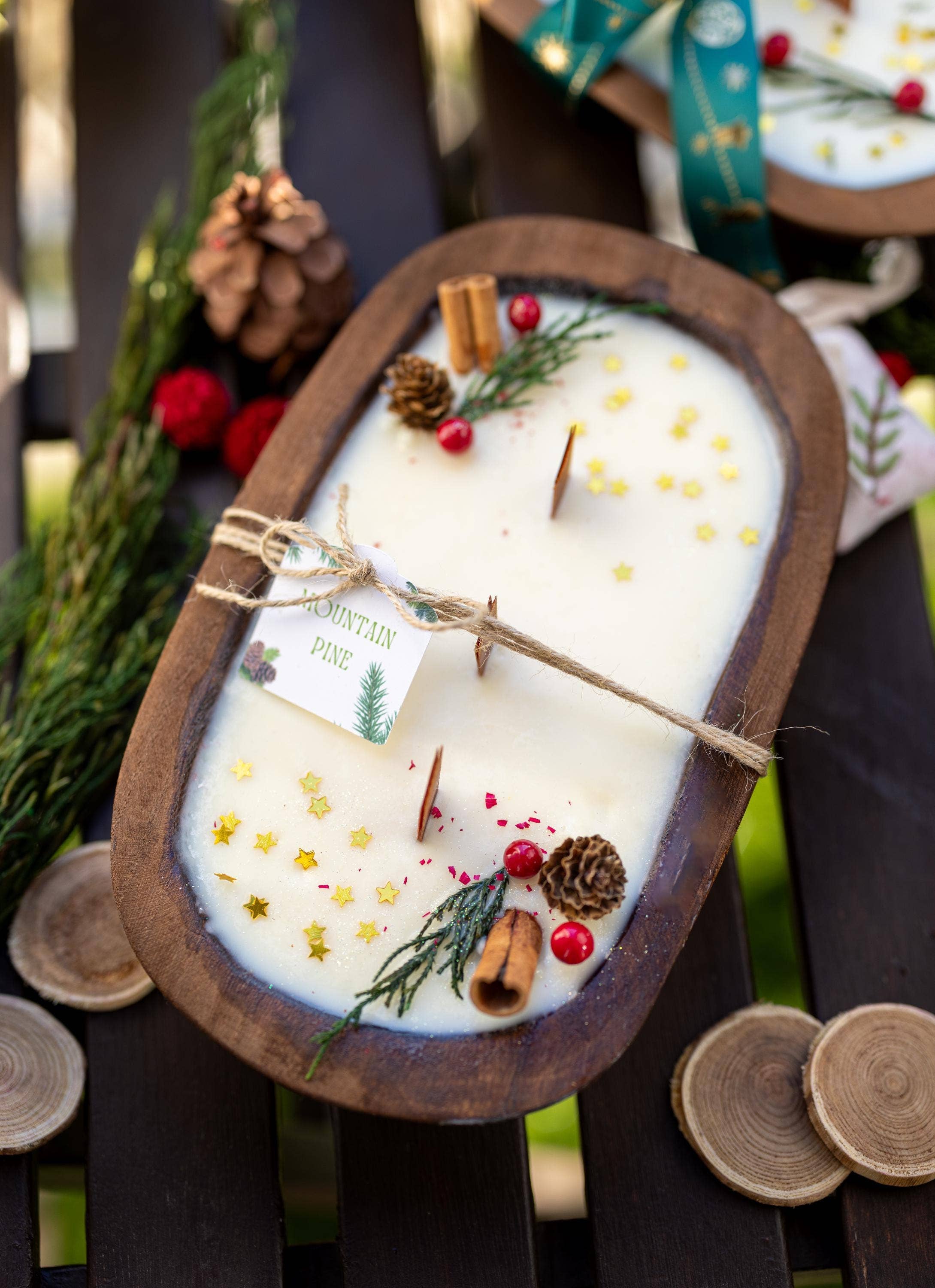 Christmas Wooden Dough Bowl Soy Candle