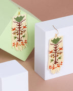 Beaded Handwoven Vintage Flower Fringe Earrings (Cream/Green