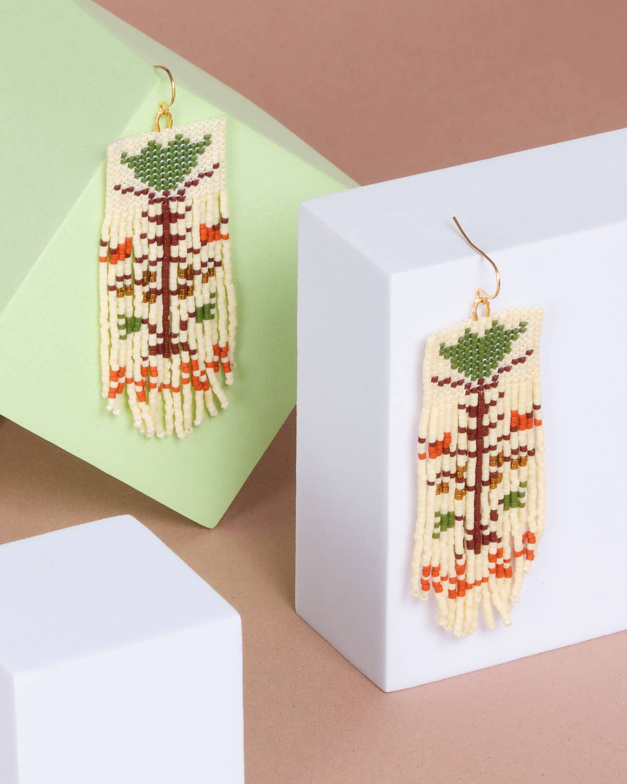 Beaded Handwoven Vintage Flower Fringe Earrings (Cream/Green