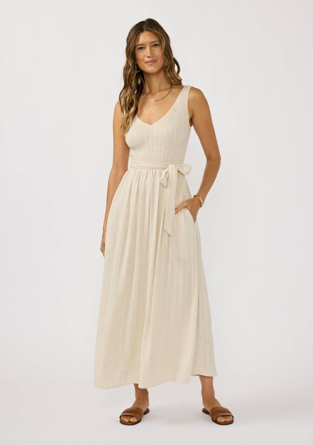 Sleeveless V Neck Smocked Bodice Midi Dress