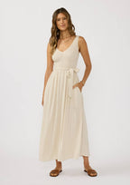 Sleeveless V Neck Smocked Bodice Midi Dress