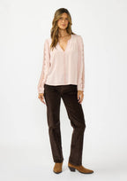 Long Sleeve Split Neck Blouse with Floral Embroidery