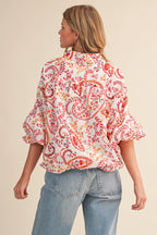 Paisley Print Button Down Bubble Sleeve Top