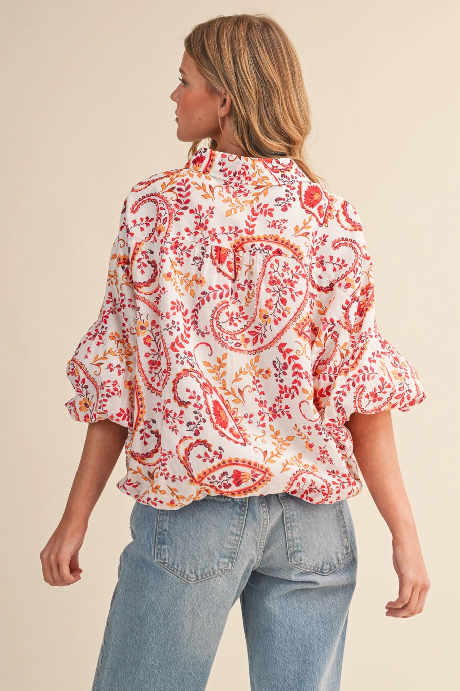 Paisley Print Button Down Bubble Sleeve Top