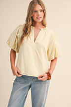 Bubble Sleeve Top With Side Embroidery