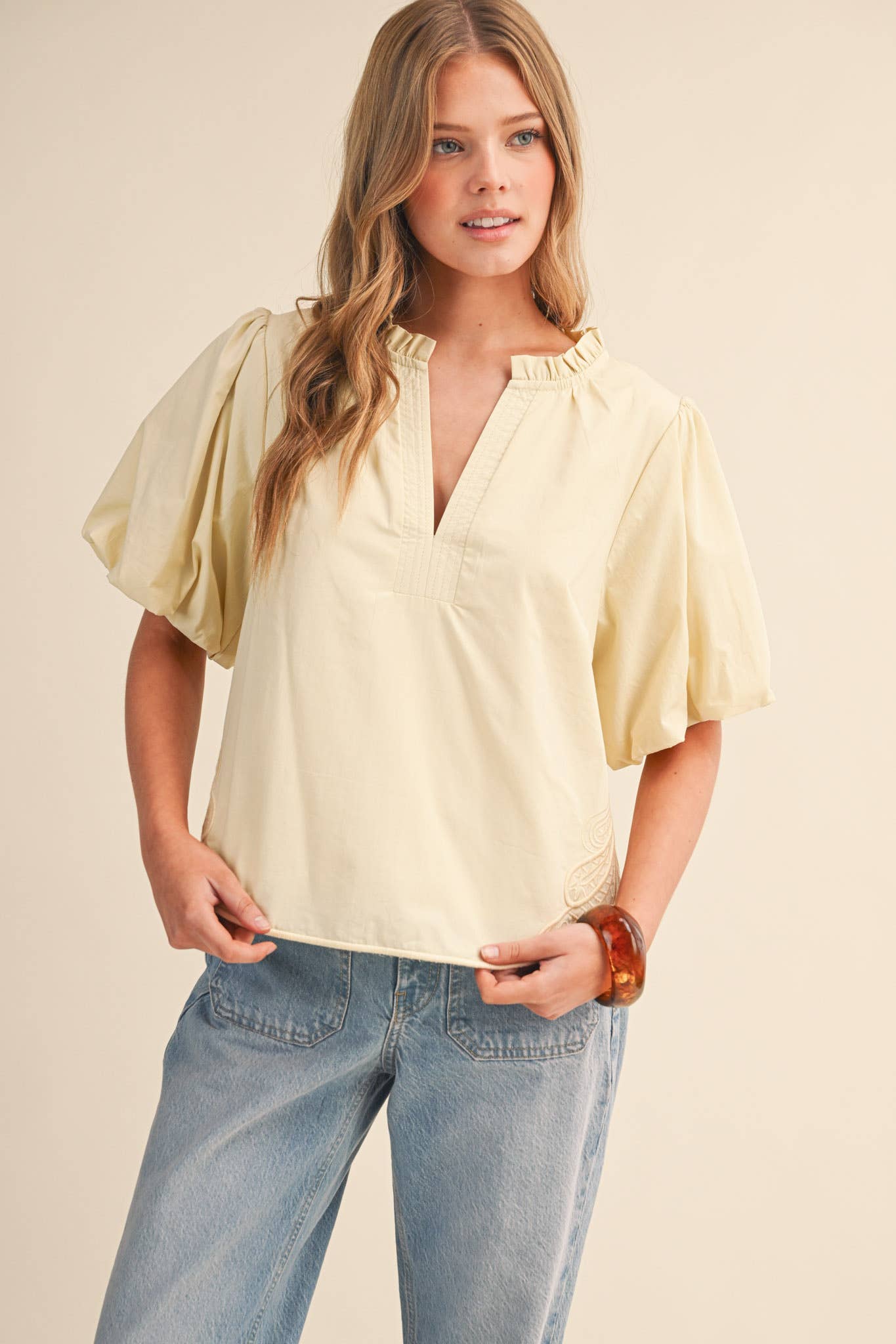 Bubble Sleeve Top With Side Embroidery