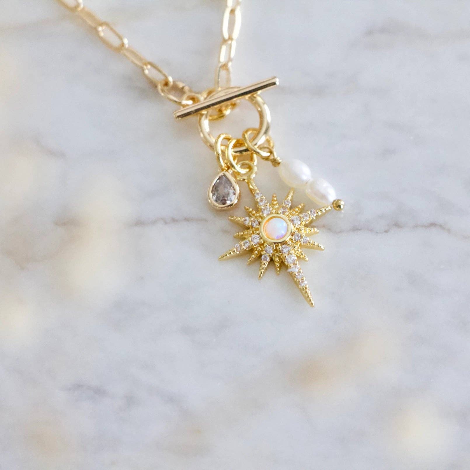 CZ, Opal Star, Freshwater Pearl,Charm Toggle Necklace