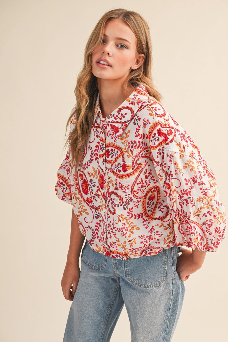 Paisley Print Button Down Bubble Sleeve Top