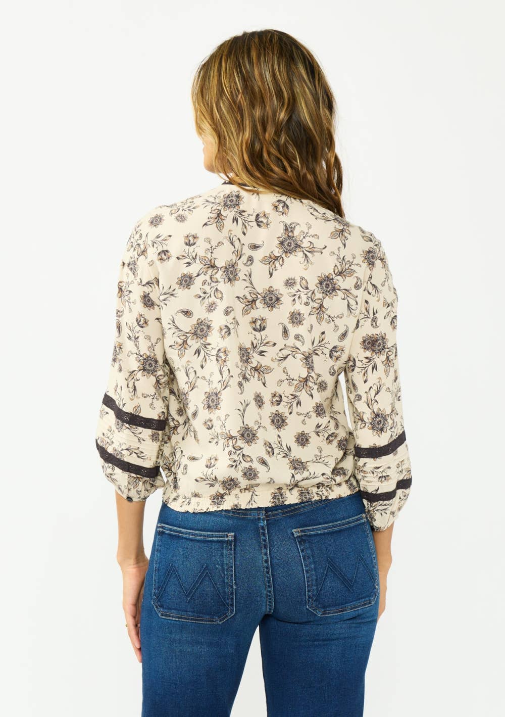 Lace-Trim 3/4 Sleeve Button-Front Top