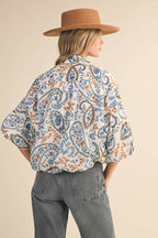 Paisley Print Button Down Bubble Sleeve Top