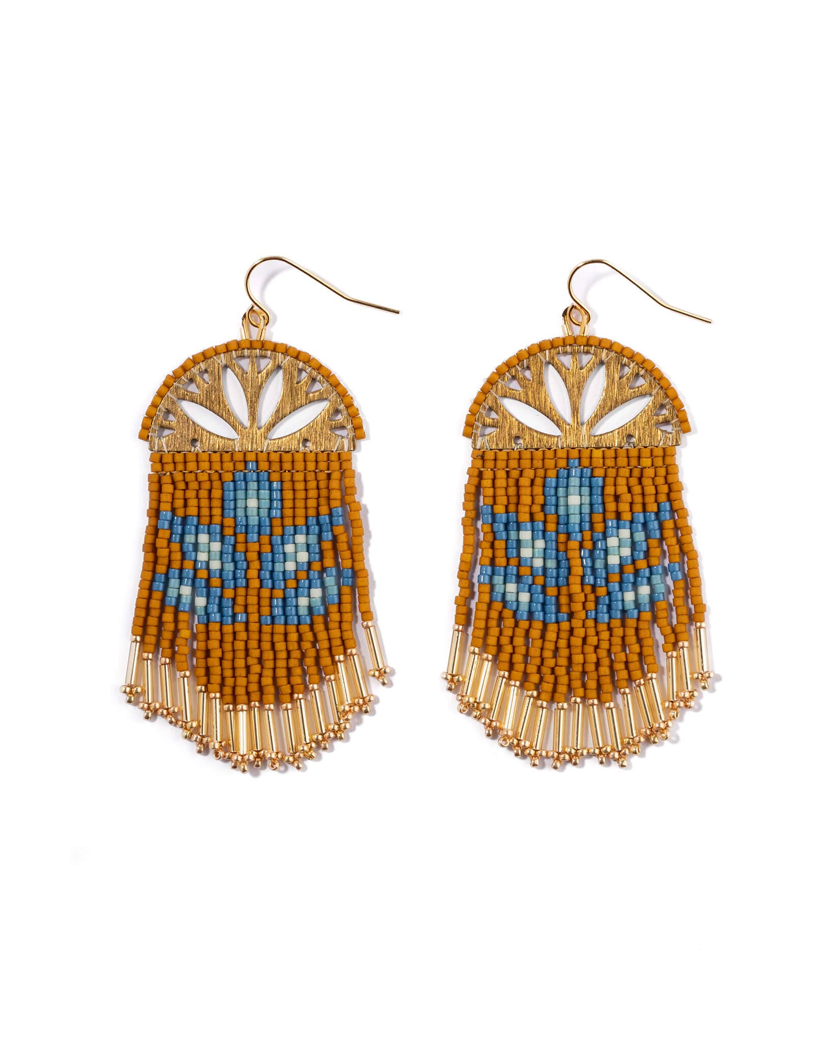 Beaded Handwoven Lotus Fringe Earrings (Green)