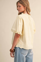 Bubble Sleeve Top With Side Embroidery
