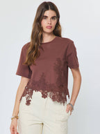 Cotton Blend Lace Hem Cropped Top