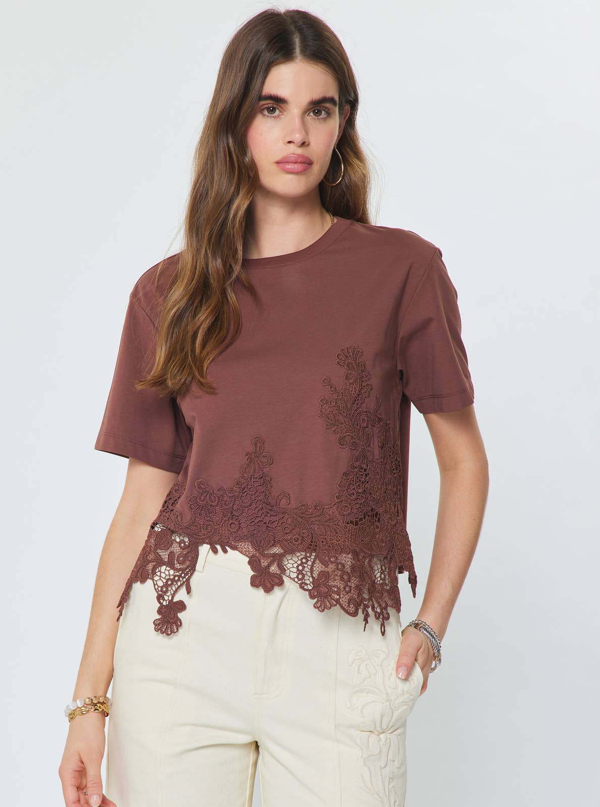Cotton Blend Lace Hem Cropped Top