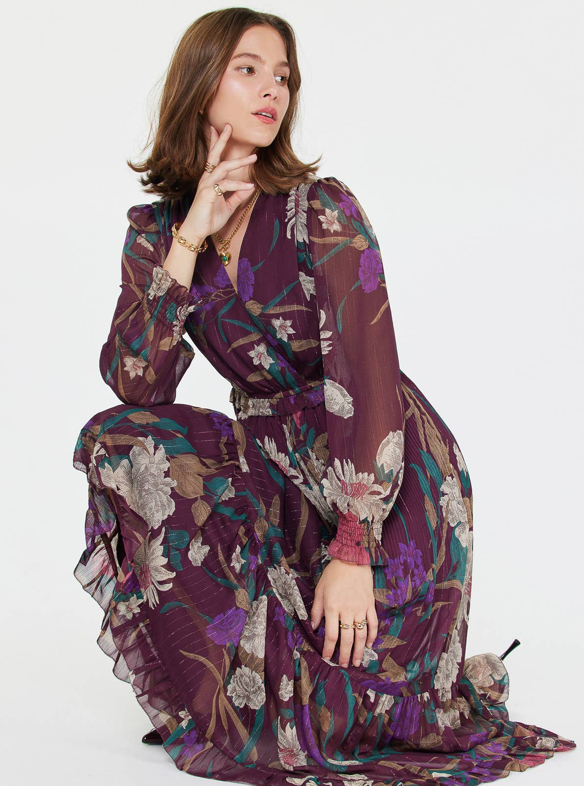 Floral Surplice Pleated Maxi Dress