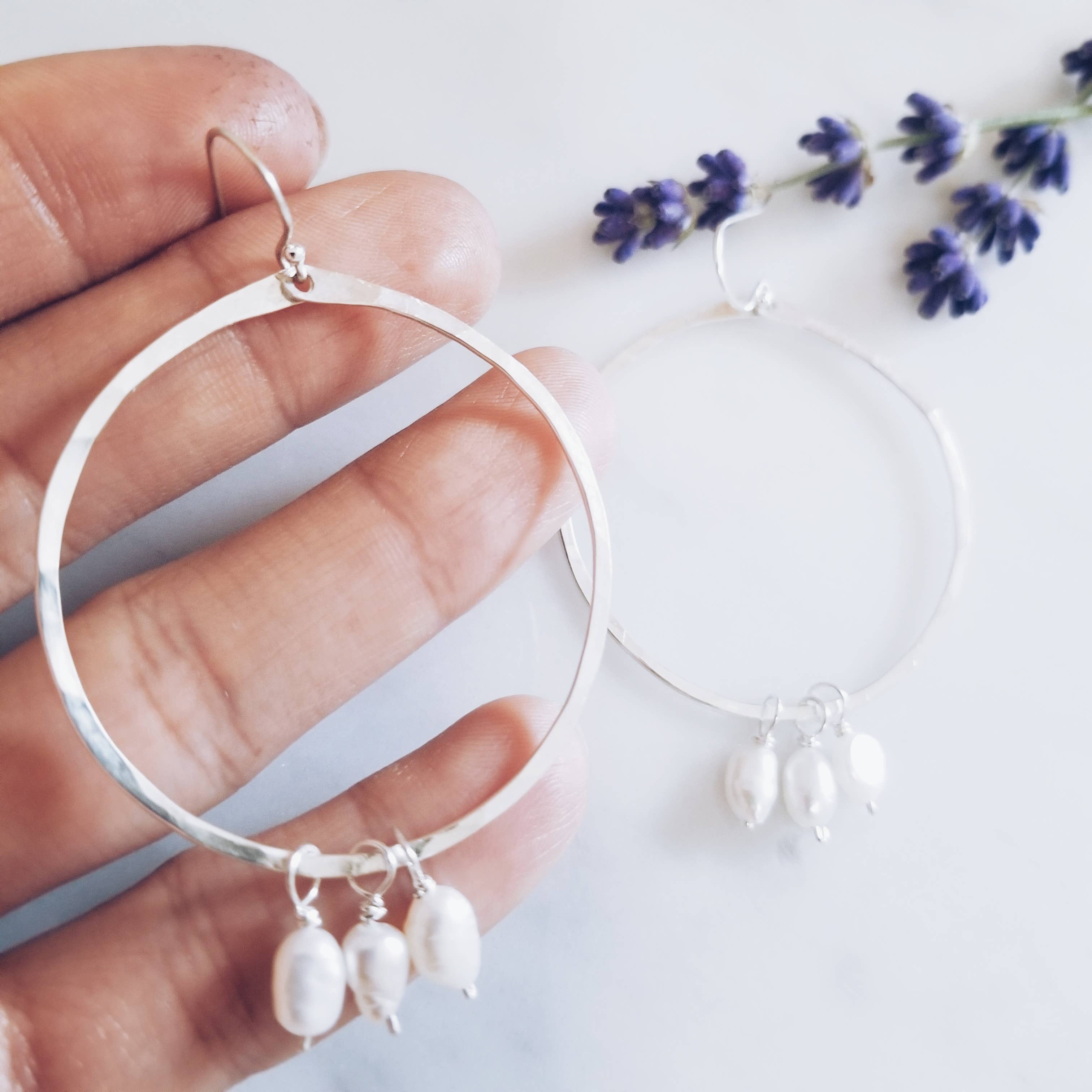 Pearl Drop Hoops- Sterling Silver